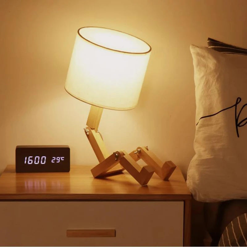 OUDELADI Robot Shape Wooden Table Lamp Modern Cloth Art Wood Desk Table Lamp Decor Luminaires Parlor Study Bedroom Night Light